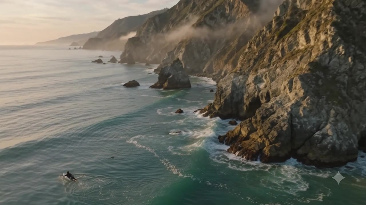 Aerial Reveal: Pull-Back Over Lone Surfer at Golden Hour
